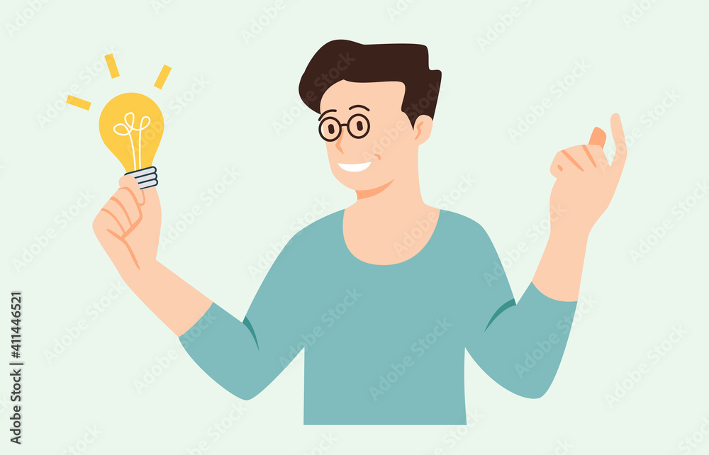 Business concept illustration. scene with a man who comes up with a work idea. Work at home scene. Trendy vector style.	
