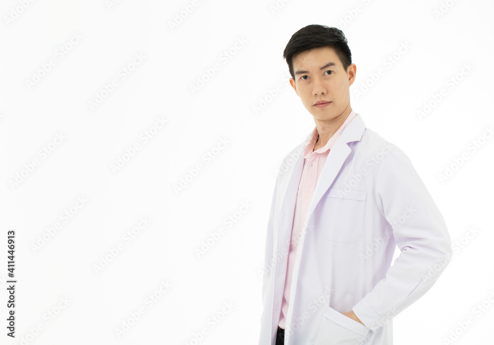 Portrait of Asian male doctor in white gown coat on white background with copy space. Portrait of Asian male doctor in white gown coat on white background with copy space.