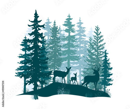 Deer with antlers, doe, fawn posing in magic misty forest. Silhouettes illustration. Coniferous trees.
