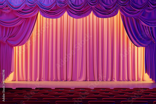 Empty theater curtains with colour lighting. 3d illustration