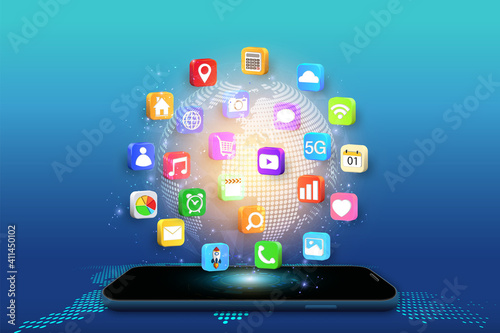 Application on Mobile, smartphone with application icons isolated on global network background as new technology and communication concept. vector illustration.