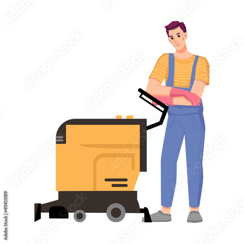 Male personage working in cleaning service using machine for washing floor or vacuum carpets. Home or office, hotel room tidying and care for cleanliness. Isolated cartoon character, vector in flat