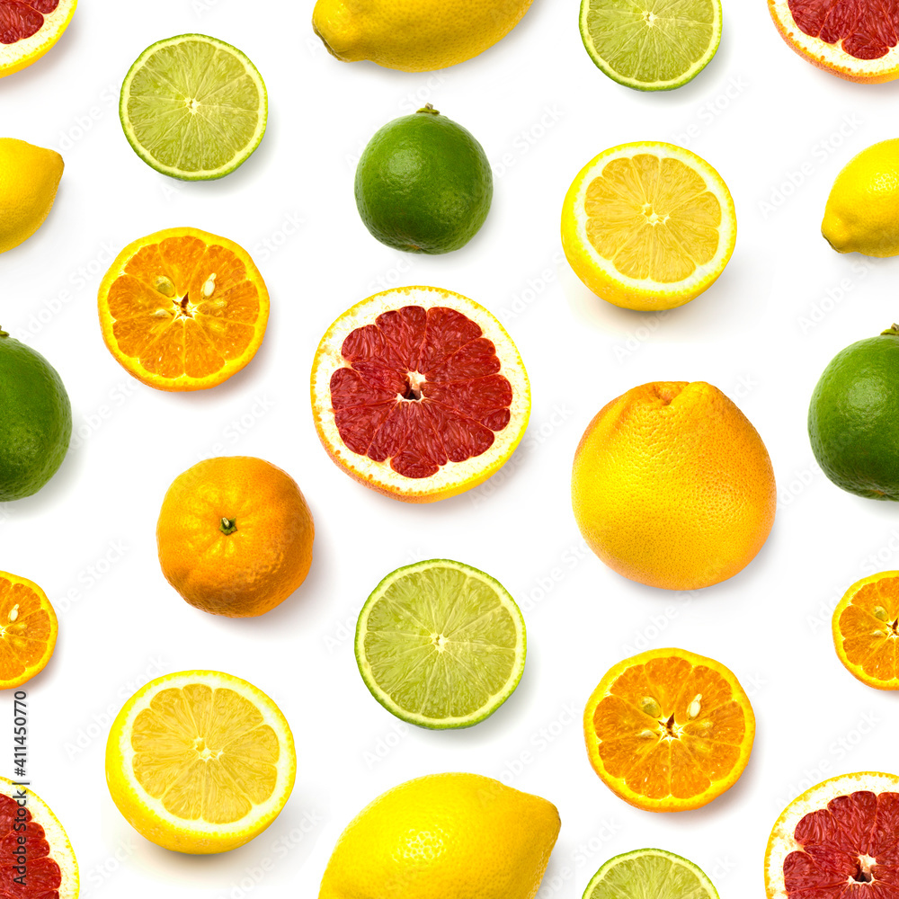 grapefruit, lime, lemon and mandarin pattern on white background