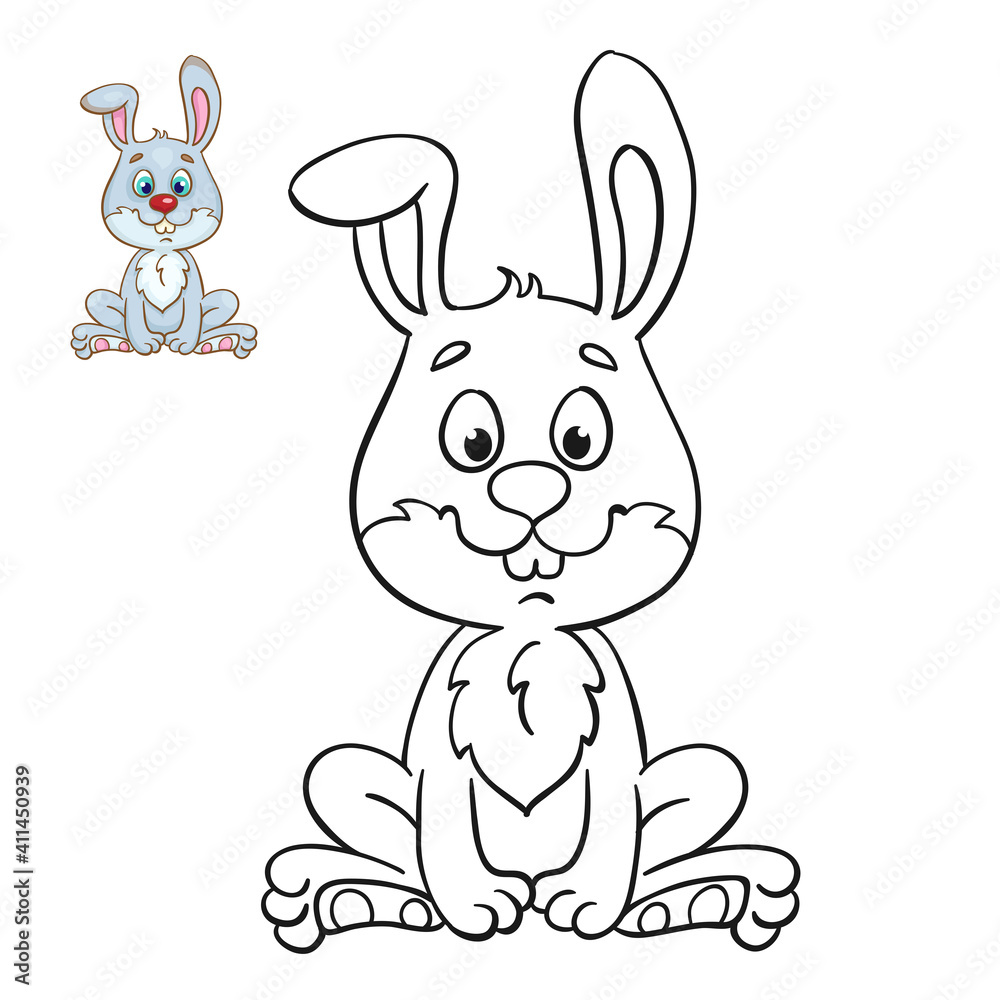 Obraz premium Little funny bunny sitting. Black and white picture for coloring book with a colorful example. In cartoon style. Isolated on white background. Vector illustration.