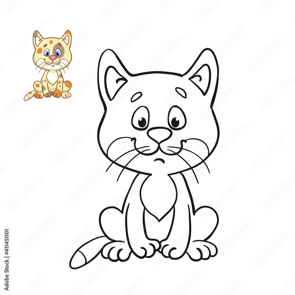Little cute kitten sitting. Black and white picture for coloring book with a colorful example. In cartoon style. Isolated on white background. Vector illustration. Little cute kitten sitting. Black and white picture for coloring book with a colorful example. In cartoon style. Isolated on white background. Vector illustration.