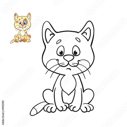 Little cute kitten sitting. Black and white picture for coloring book with a colorful example. In cartoon style. Isolated on white background. Vector illustration.