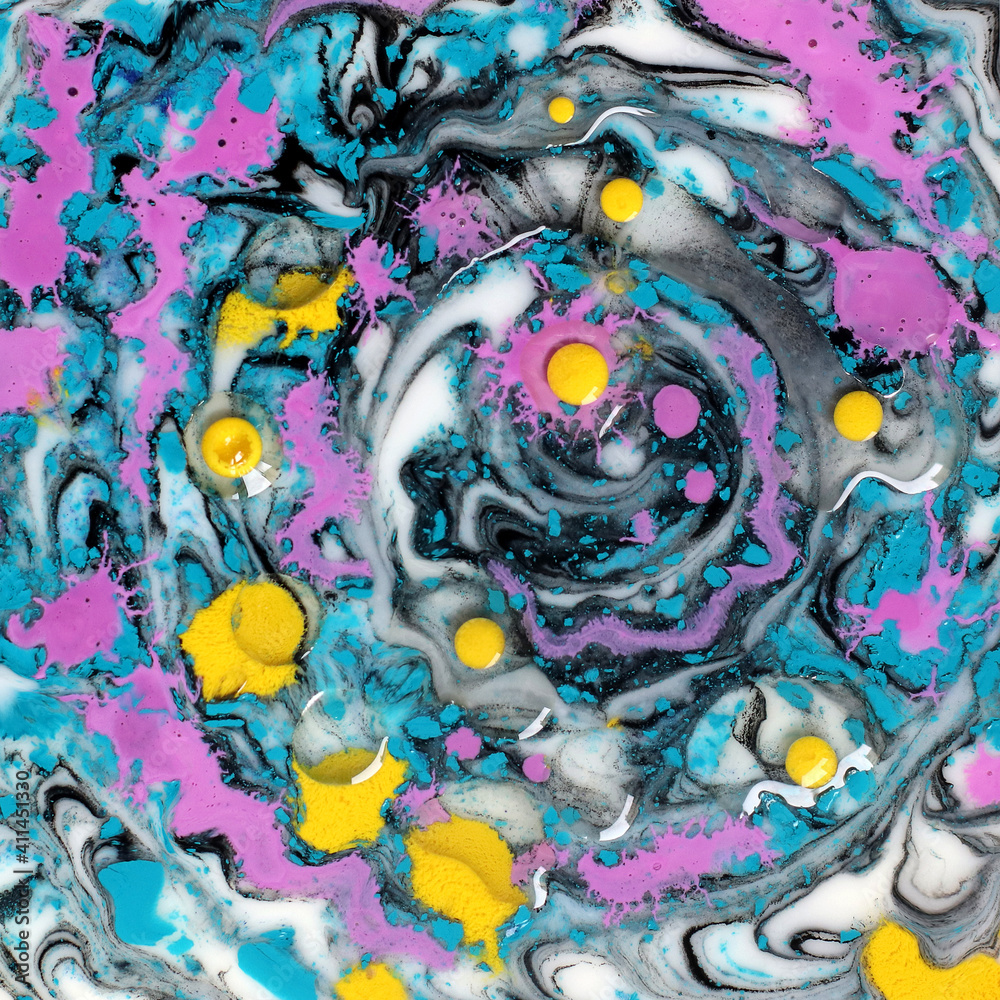 Fototapeta premium Abstract paint background. Acrylic texture with multi-color pattern. Blue-Yellow-Black-Pink paint