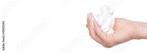Hand with bubble foam, isolated on white background.