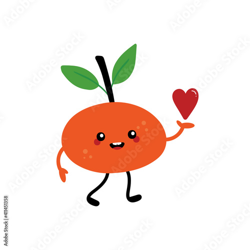Cute cartoon smiling tangerine, clementine, mandarin character holding in hand red heart. Love, appreciation and caring concept.