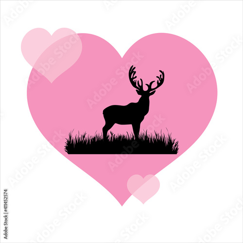 Vector illustration of heart with deer. Symbol of animal, care and love.