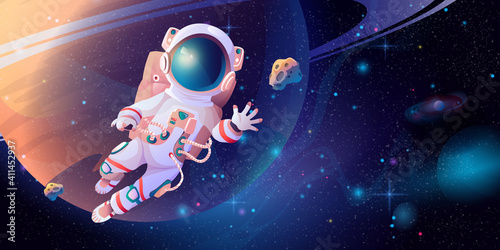 Astronaut in spacesuit with helmet discovering outerspace. Vector cartoon cosmonaut science in cosmos, planet and stars on background. Exploration of space, floating interstellar, cosmic adventures