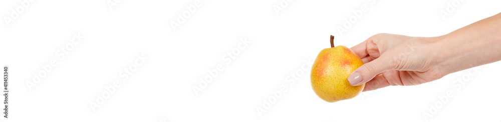 Hand with fresh yellow pear isolated on white background. Hand with fresh yellow pear isolated on white background.