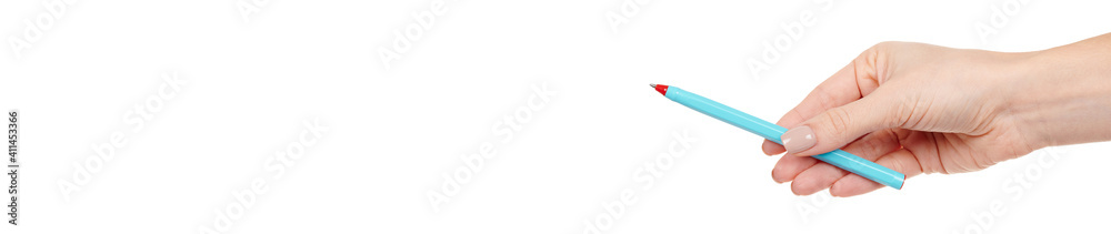 Hand with blue writing pen isolated on white background. Hand with blue writing pen isolated on white background.