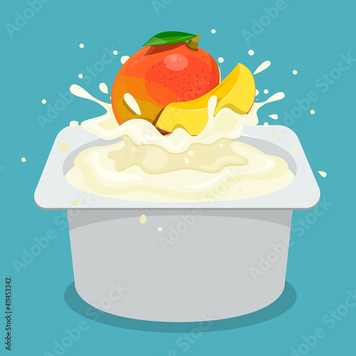 Fruits and berries in creamy yogurt, sprinkles. Vector image. Sour cream. Sauce. Dessert. Milk