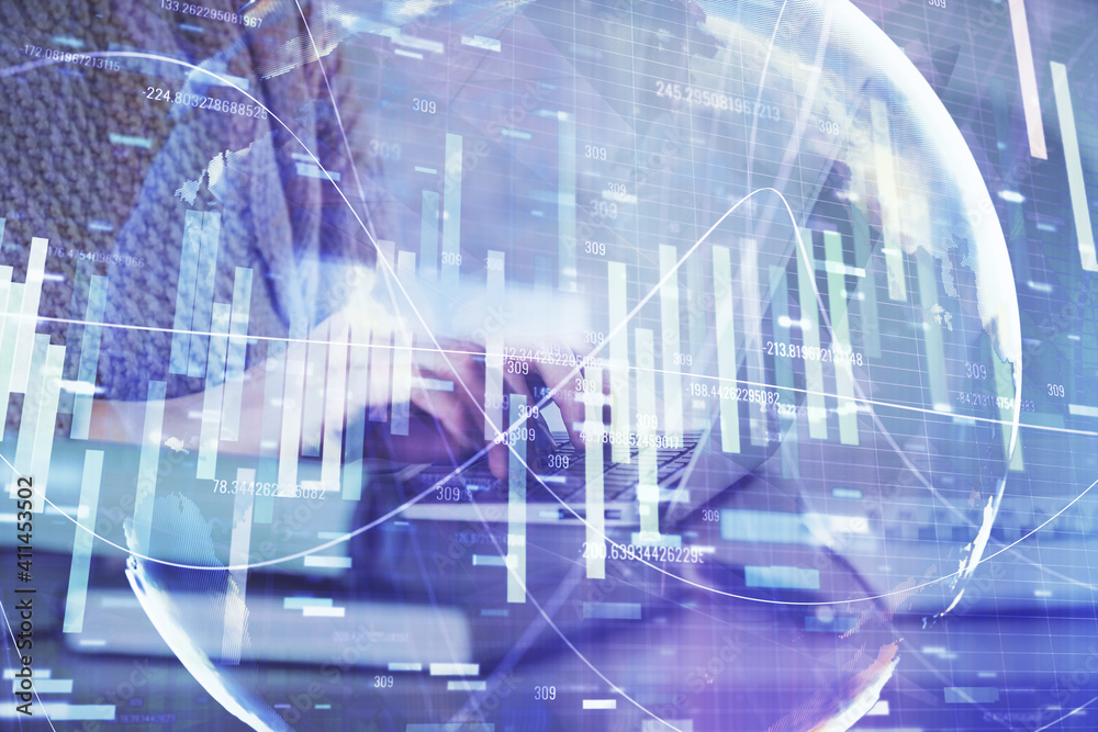 Double exposure of woman hands typing on computer and business theme hologram drawing. Success concept. Double exposure of woman hands typing on computer and business theme hologram drawing. Success concept.