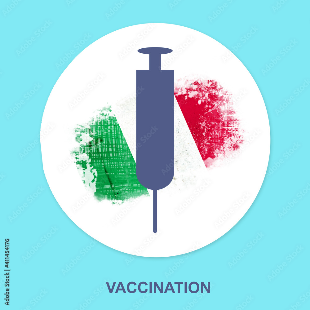 Syringe for vaccination against the background of the flag of Italy. Icon on a blue background. Isolated. Vaccination against COVID 19. Health. Syringe for vaccination against the background of the flag of Italy. Icon on a blue background. Isolated. Vaccination against COVID 19. Health.
