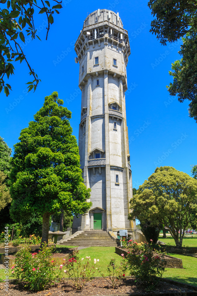 Historic water tower (built in 1914) in a park in Hawera, New Zealand