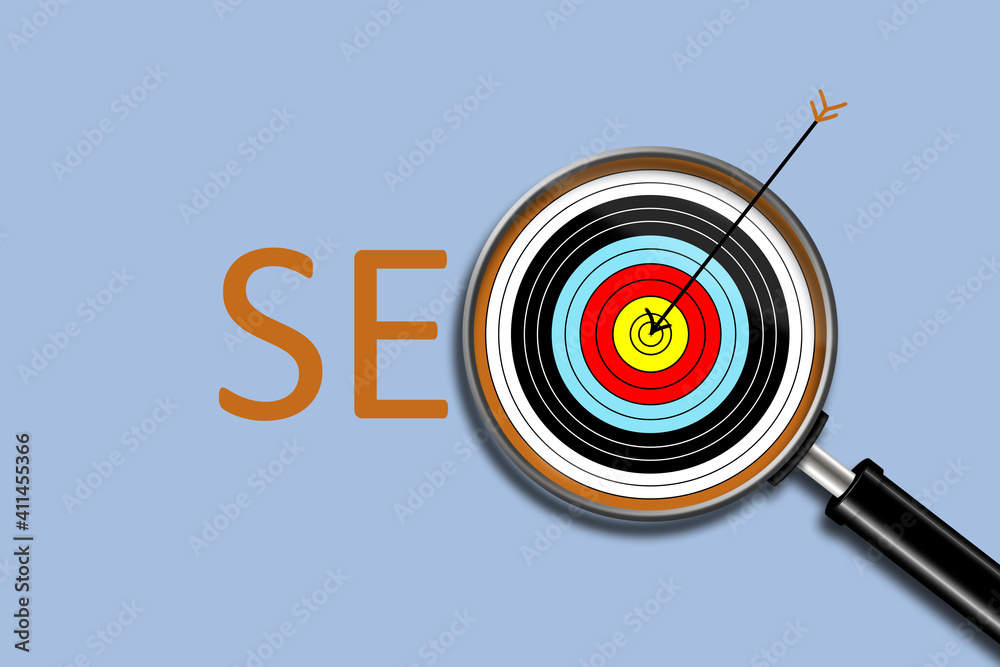 SEO. Search engine optimization. Illustration with a word, a magnifying glass, and a target with an arrow hitting the target. Isolated on a light blue background. Design element.