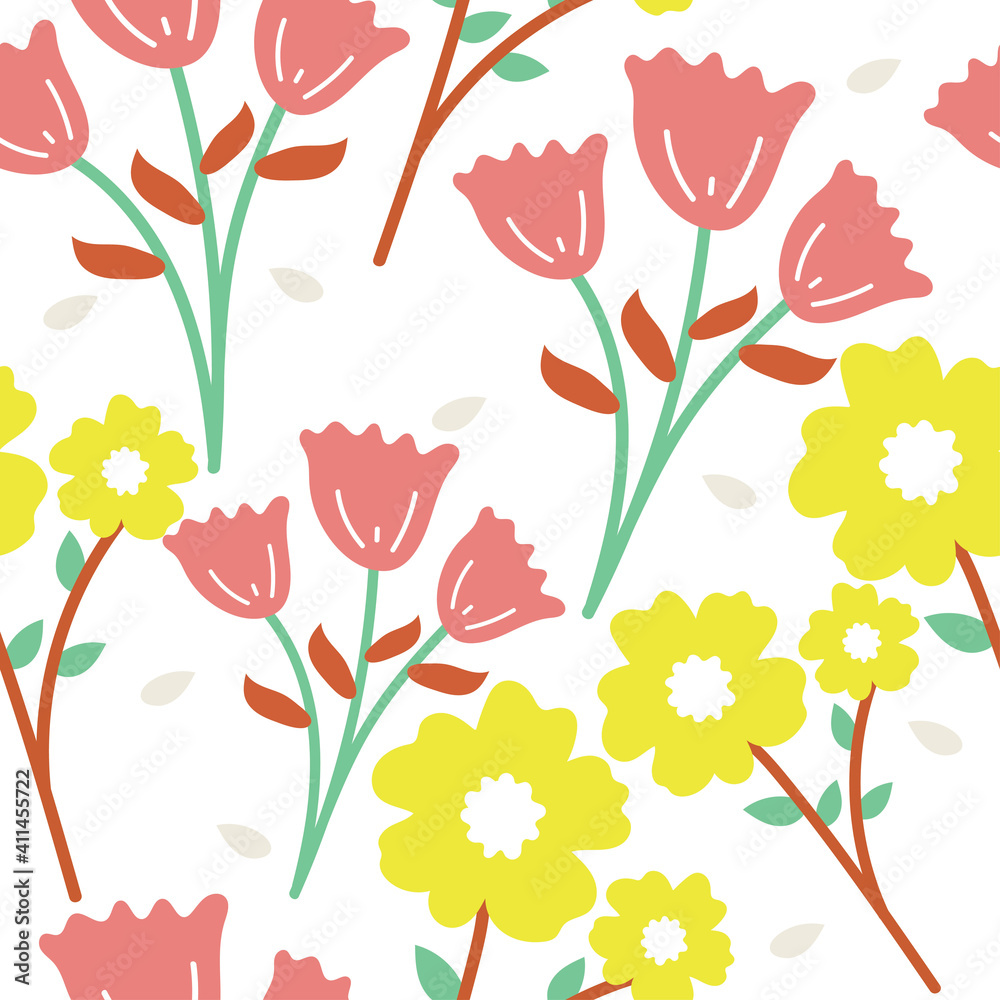 Seamless pattern with cute cartoon flowers and leaves for fabric print, textile, gift wrapping paper. colorful vector for kids, flat style Seamless pattern with cute cartoon flowers and leaves for fabric print, textile, gift wrapping paper. colorful vector for kids, flat style