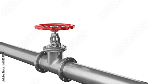 3D render glossy metal pipe with valve on a white background.Illustration of a digital image for industrial.