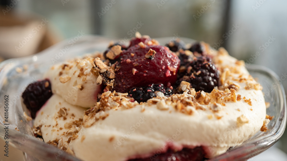 Cranachan in a bowl with sunny Seaview background Cranachan in a bowl with sunny Seaview background