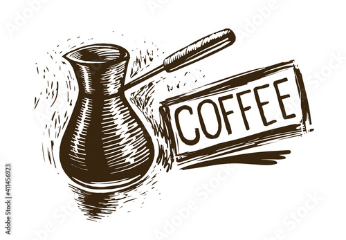 Drawn vector logo for making coffee on a white background