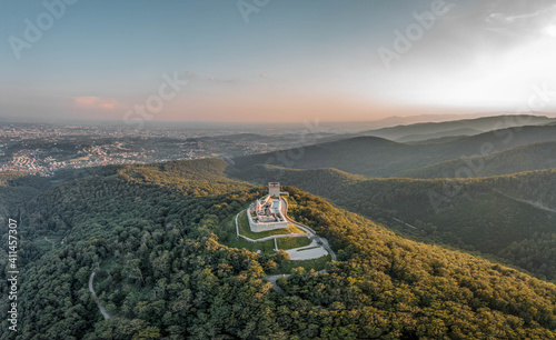 Aerial drone shot of Oltar Domovine ston fortress castle on top of Zagreb uptown hill