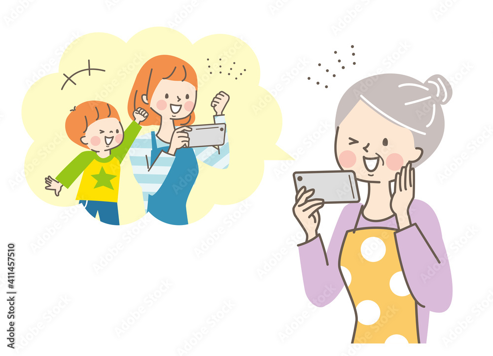 スマホで娘と孫と通話するシニア女性 スマホで娘と孫と通話するシニア女性