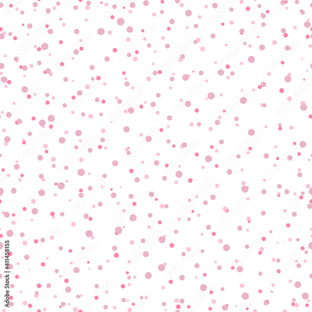 Abstract hand drown polka dots background. White seamless pattern with pink circles. Template design for invitation, poster, card, flyer, banner, textile, fabric.