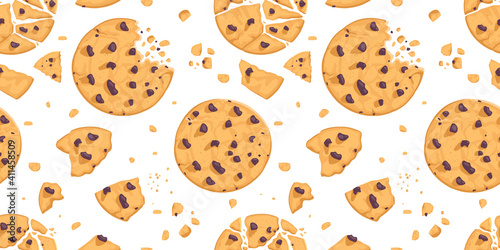 A seamless pattern of cookies and chocolate crumbs.