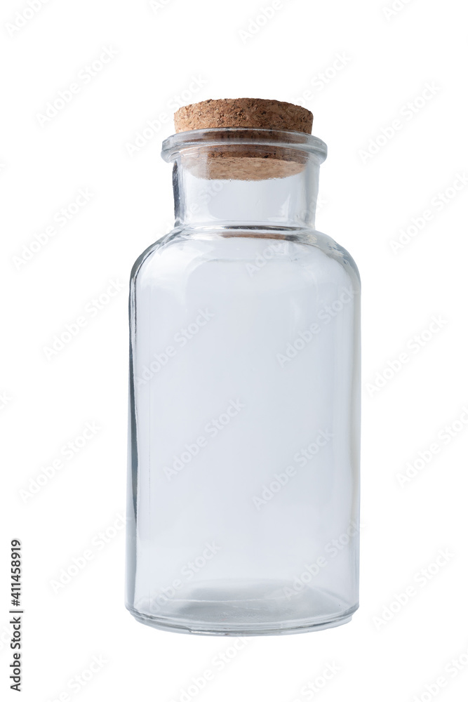 Glass transparent bottle with cork cap isolated on white background. Glass transparent bottle with cork cap isolated on white background.