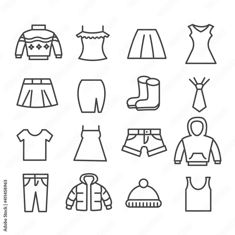 Set of clothing and accessories in simple minimal icon for different seasons collection. Modern outline on white background Set of clothing and accessories in simple minimal icon for different seasons collection. Modern outline on white background