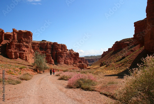 Charyn Canyon in South East Kazakhstan, summer 2019. Red rock canyon trail landscape. Trail in red rock canyon desert. Red rock canyon desert trail landscape. Yellow-red rocks of canyon in Kazakhstan.