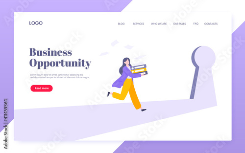 Business key opportunity concept with keyhole and ambitious woman running to career potential website landing page flat style vector illustration. New way business beginnings and unlock future.