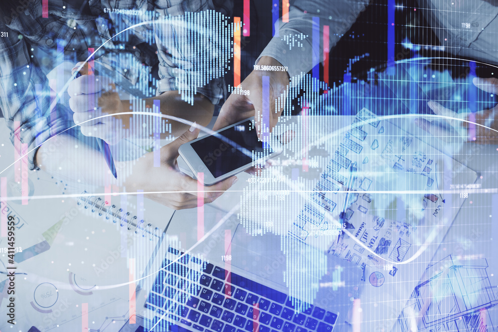 Double exposure of business theme drawing and man and woman working together holding and using a mobile device. Double exposure of business theme drawing and man and woman working together holding and using a mobile device.