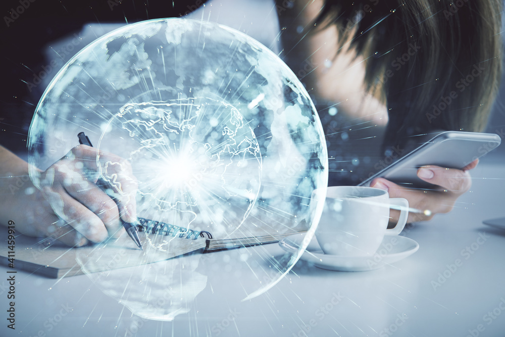Double exposure of business theme sketch hologram and woman holding and using a mobile device. Double exposure of business theme sketch hologram and woman holding and using a mobile device.
