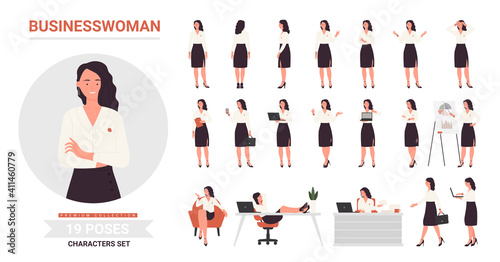 Businesswoman character poses infographic vector illustration set. Cartoon front side and back view of young woman business corporate office worker, lady working on laptop postures isolated on white photo