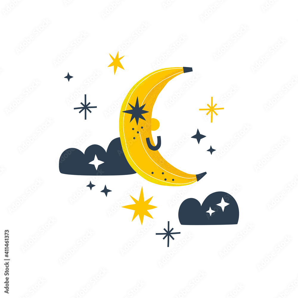 Banana moon vector illustration isolated on white. Celestial fruity planet baby print. Sweet dreams Scandinavian nursery art