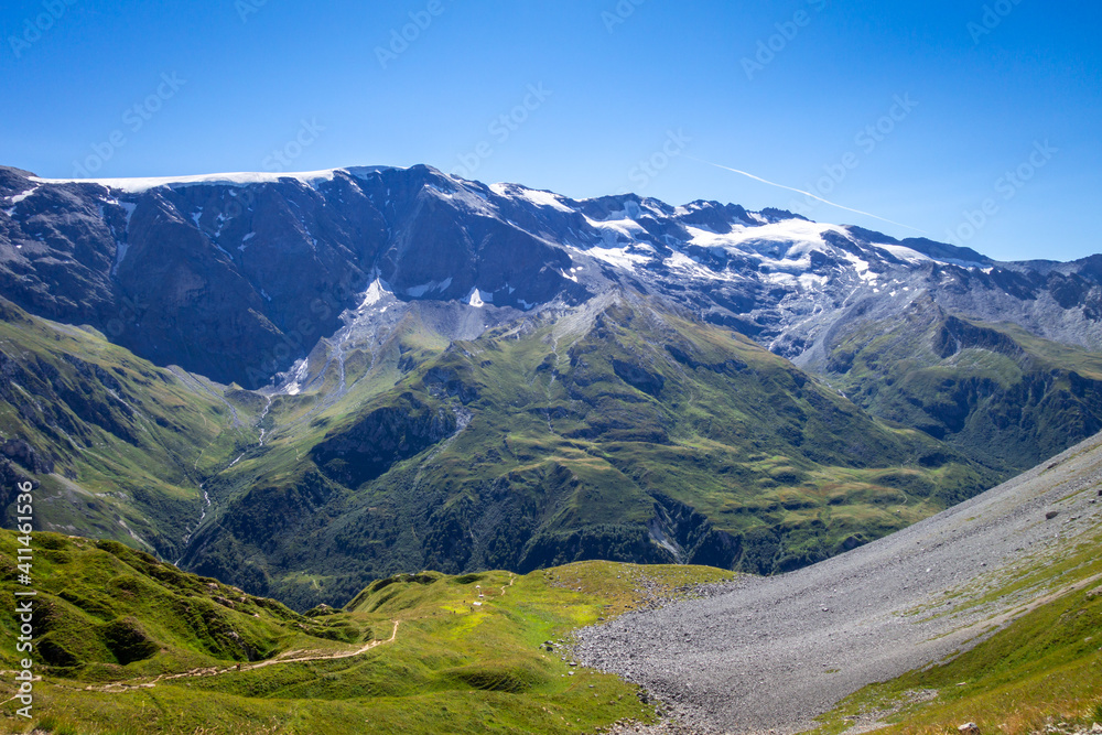 Alpine glaciers and mountains landscape in French alps.