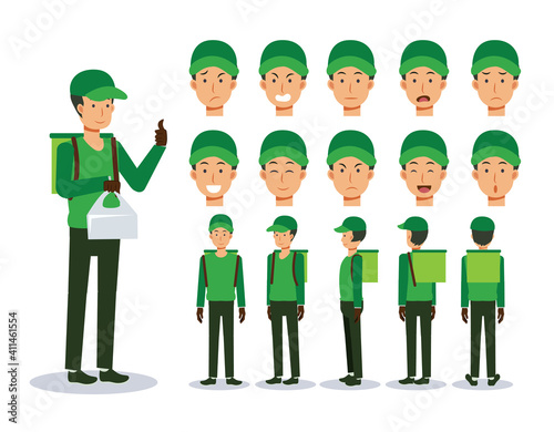 Front, side, back view animated character. Food delivery service man Flat Vector Character creation set with various views, Cartoon style, flat vector illustration. Emotion.