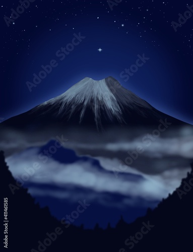 Drawing of mount fuji, japan at night, fog and stars .