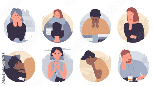 People in depression vector illustration set. Cartoon flat sad depressed man woman characters crying, unhappy lonely stressed persons sitting alone in stress emotion, anxiety or melancholy background