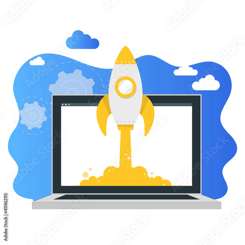 Launch rocket from laptop, business startup concept