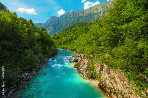 Stunning Soca river in the deep canyon near Kobarid, Slovenia
