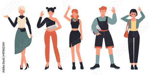 People in greeting communication poses vector illustration set. Cartoon woman, girl student with books or phone, boy character with glasses standing in row and waving hello or bye isolated on white