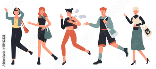 People hurry and run vector illustration set. Cartoon busy boy and girl characters hurrying  running fast  late worried adult woman in casual clothes rushing in hurry to get on time isolated on white