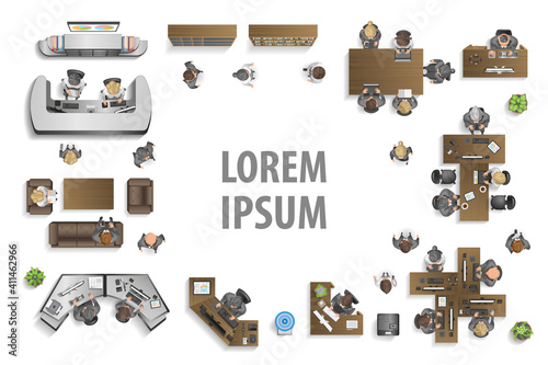 Office in the form of a rectangular frame. Top view. People at work in open space. (view from above)