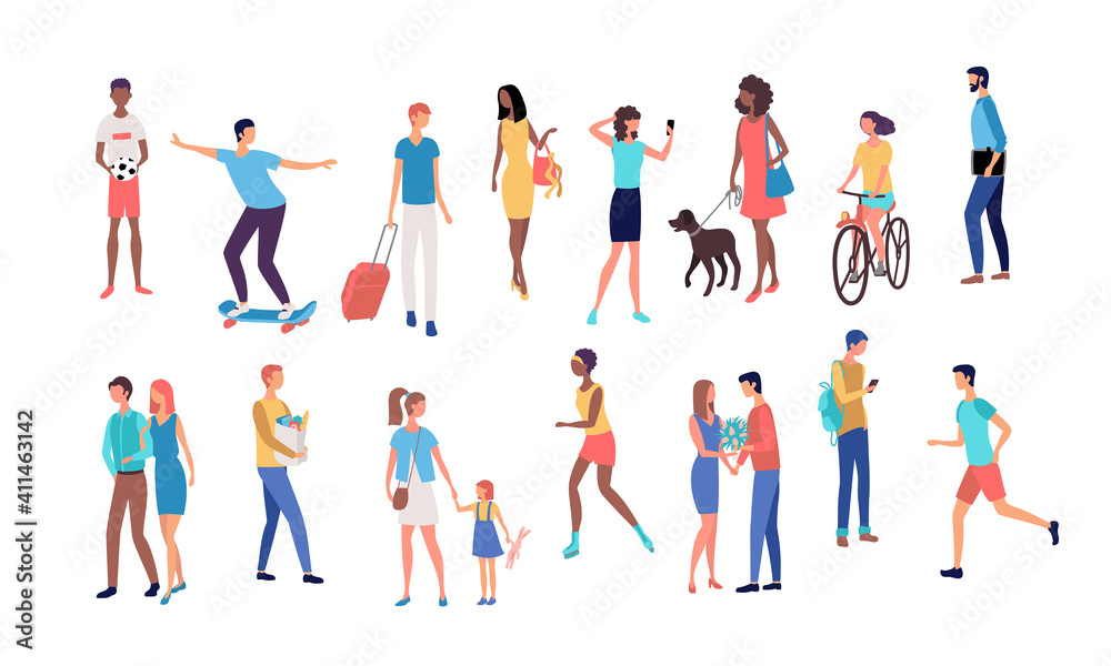 Crowd of people performing spring, summer outdoor activities - dog walking, cycling, skateboarding, soccer, running, walking, selfie. Group of flat cartoon men and women isolated on white background. 