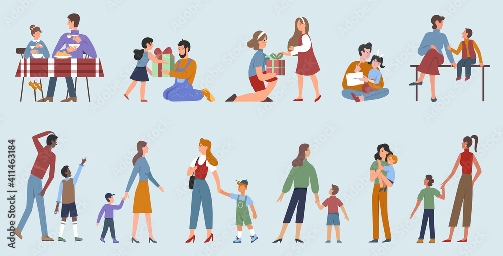 Parents with children, happy parenting vector illustration set. Cartoon family people spend time together, father mother and cute child daughter or son characters playing, eating food and walking