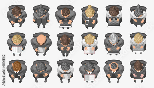 Vector set. Businessmen and businesswoman are sitting in armchairs in the audience. Top view. A collection of different professionals in the chairs. View from above.